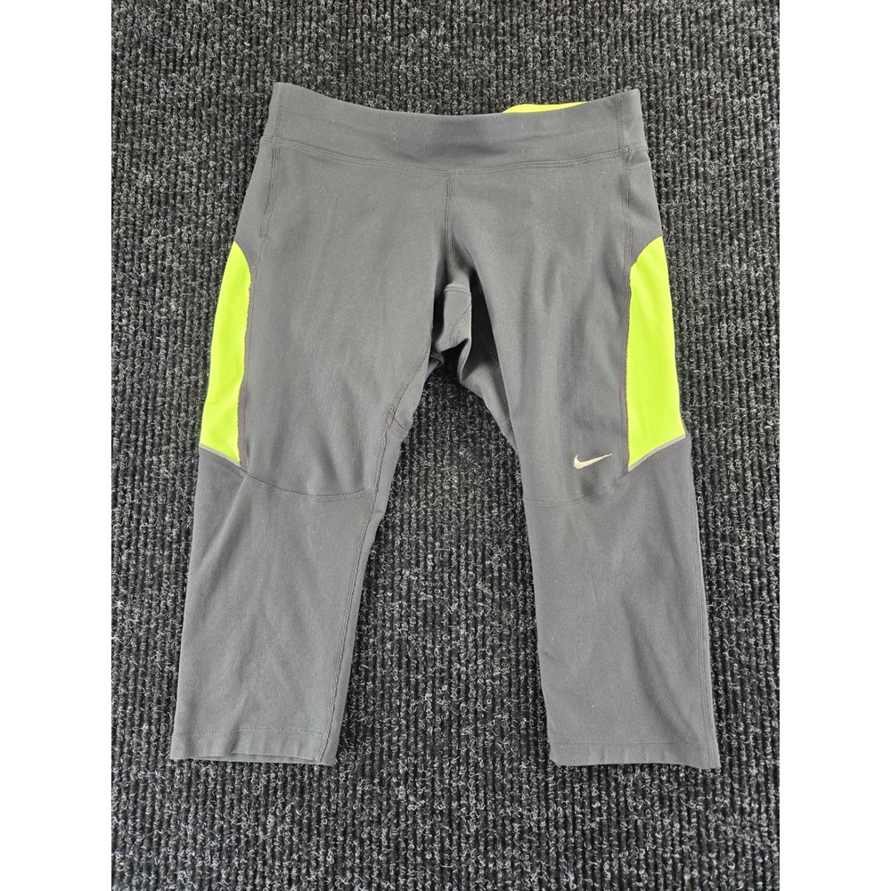 Nike Dri-FIT Women Grey Neon Yellow Running Capri Leggings Size S Zip Pocket